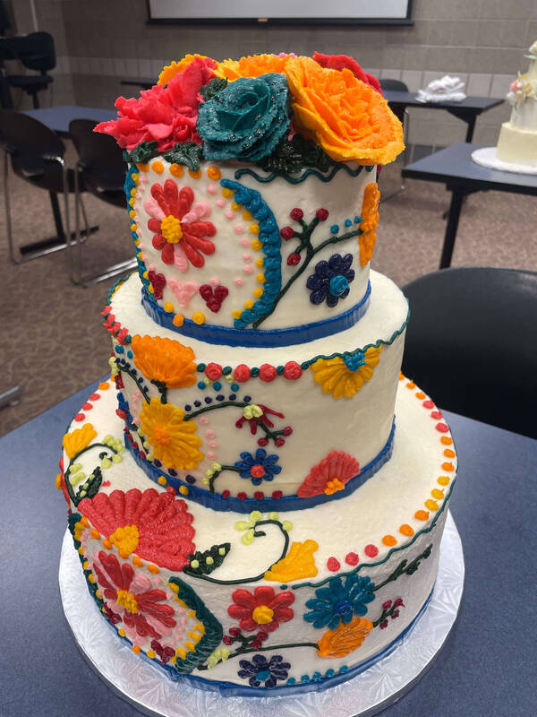 Three-tiered white cake decorated with vibrant floral icing designs in red, orange, yellow, pink, and teal.  Large buttercream flowers top the cake.  Blue icing borders separate each tier.