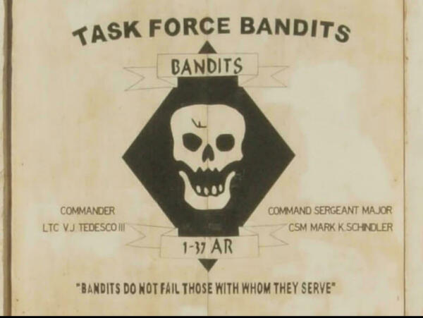 A sepia-toned banner features a black diamond with a white skull. Text reads "TASK FORCE BANDITS" with "BANDITS" above the skull and "1-37 AR" below. Commander: LTC V.J. TEDESCO III. Command Sergeant Major: CSM MARK K. SCHINDLER. Motto: "BANDITS DO NOT FAIL THOSE WITH WHOM THEY SERVE".